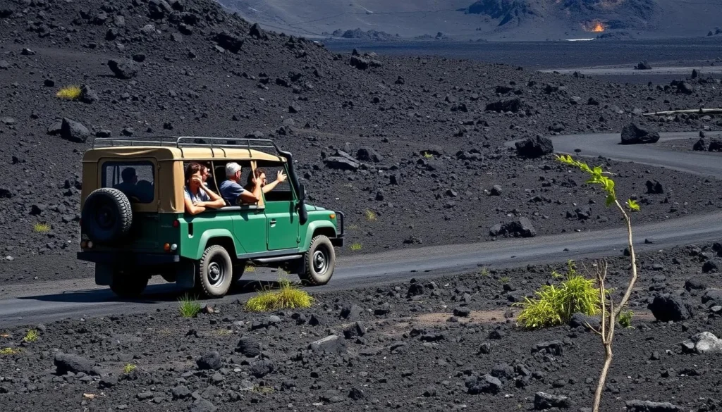 4x4 jeep driving through volcanic landscape in Gunung Merapi National Park with tourists enjoying the adventure