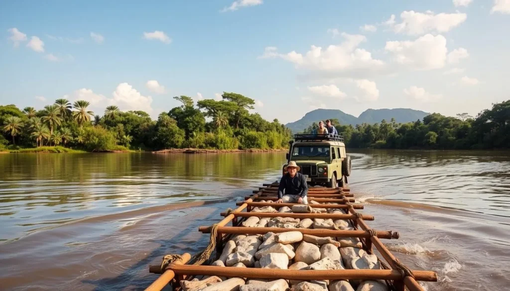 4x4 vehicle crossing a river on a traditional raft en route to Tsingy de Bemaraha