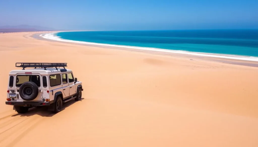 4x4 vehicle driving along the coastline of Dakhla National Park with the lagoon visible in the background