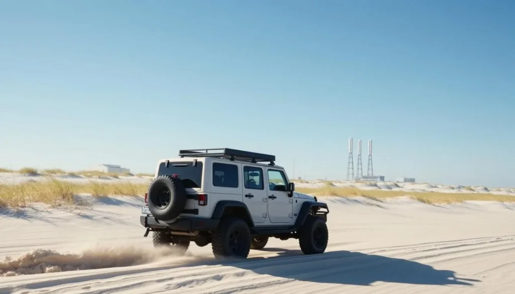 4x4 vehicle driving on Boca Chica Beach with SpaceX facility visible in the background