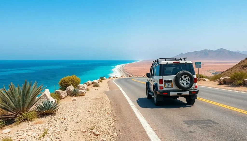 4x4 vehicle driving on a coastal road in Salalah with ocean views