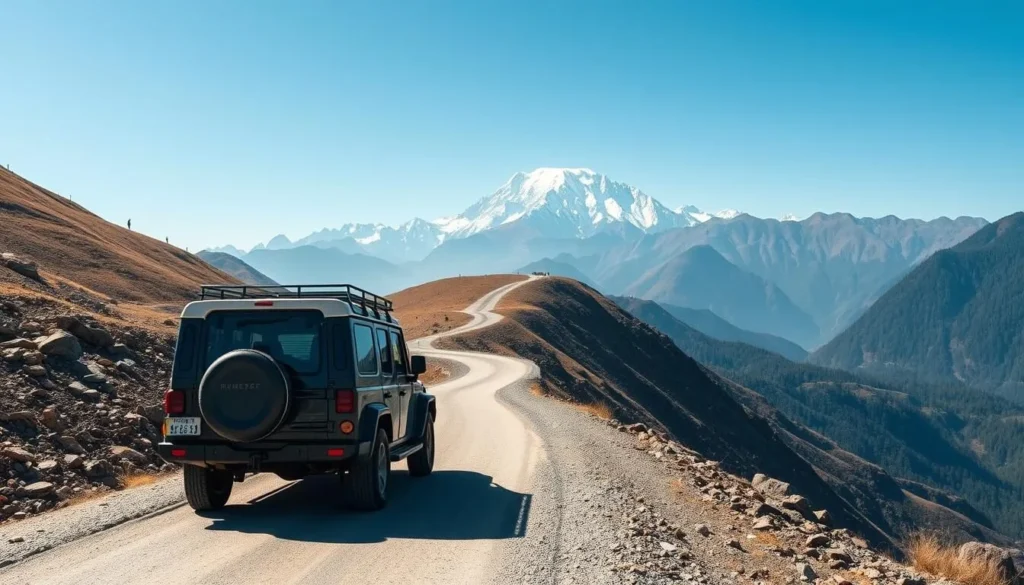 4x4 vehicle driving on mountain road with Kula Kangri visible in background