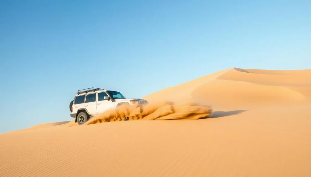 4x4 vehicle driving on sand dunes in Mesaieed desert