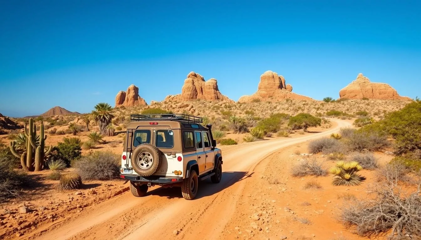 4x4 vehicle driving on the rugged roads of Arikok National Park, Aruba with desert landscape and cacti in the background