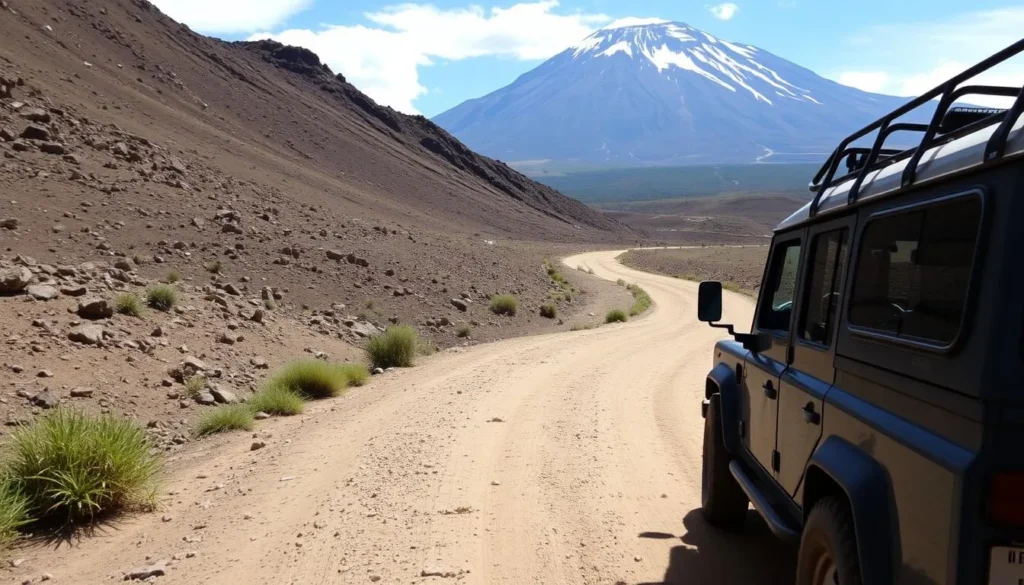 4x4 vehicle driving on the rugged roads within Chimborazo National Park with the volcano in the background 4x4 vehicle driving on the rugged roads within Chimborazo National Park with the volcano in the background