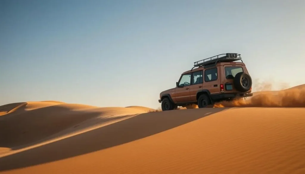 4x4 vehicle driving through sand dunes in the Empty Quarter desert near Salalah