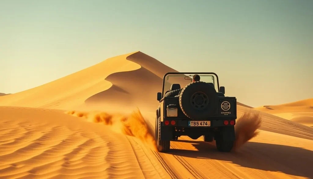 4x4 vehicle driving through sand dunes on the way to Khor Al Udaid, Qatar