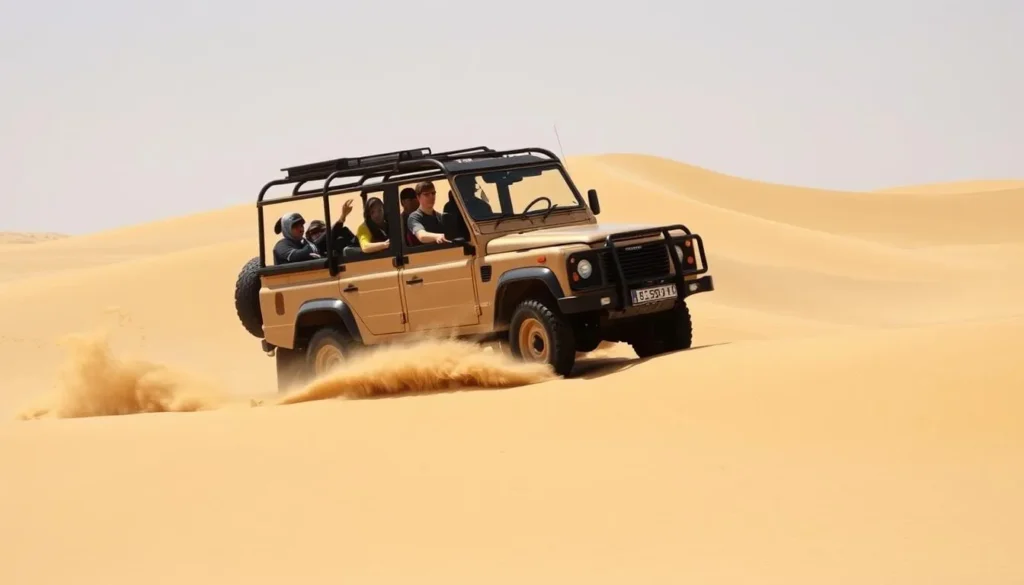 4x4 vehicle driving through sandy tracks in Jebil National Park with tourists