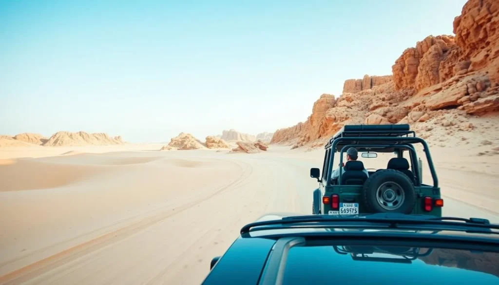 4x4 vehicle driving through the desert landscape near Tabuk, Saudi Arabia 4x4 vehicle driving through the desert landscape near Tabuk, Saudi Arabia