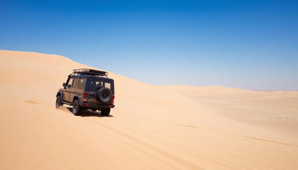 4x4 vehicle driving through the sandy terrain of Khenifiss National Park