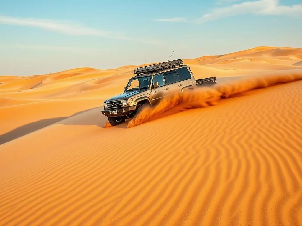 4x4 vehicle dune bashing on the golden sand dunes of Bawshar