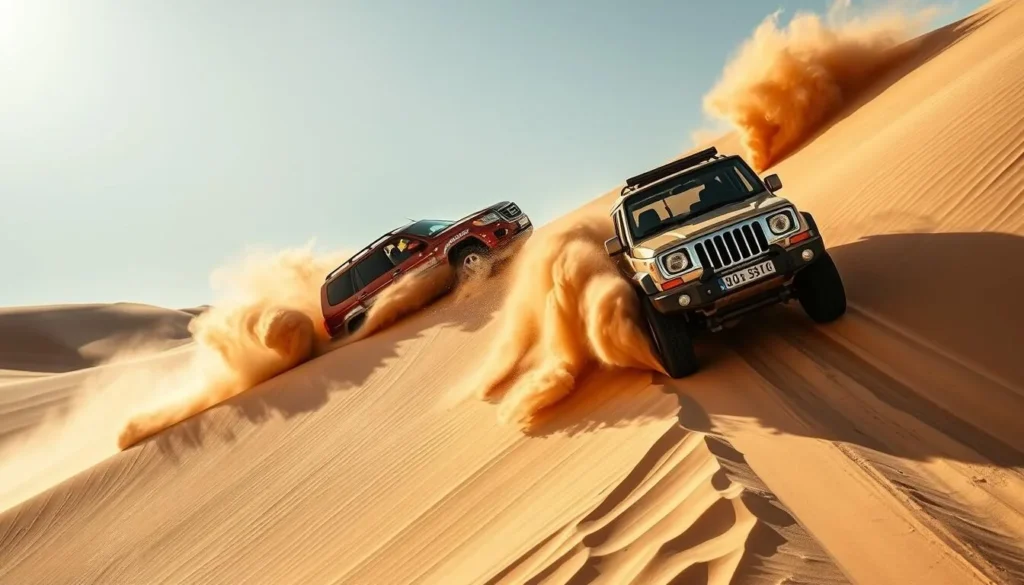 4x4 vehicle dune bashing on the steep sand dunes of Khor Al Udaid, Qatar