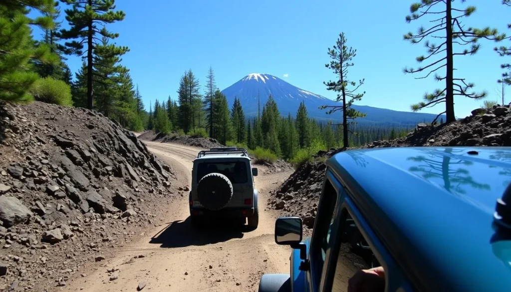 4x4 vehicle navigating the rough road to La Joya trailhead in Volcan Nevado de Colima National Park