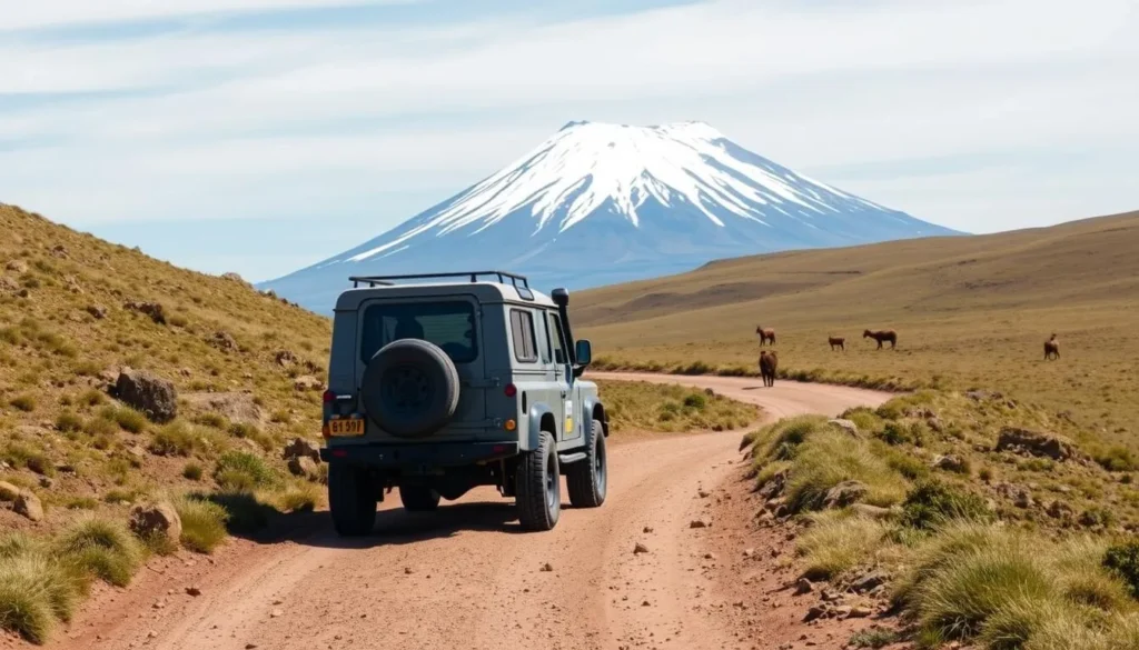 4x4 vehicle navigating the rugged terrain inside Cotopaxi National Park with the volcano visible in the background