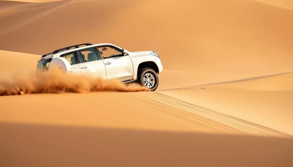 4x4 vehicle navigating through sand dunes at Khawr al Udayd