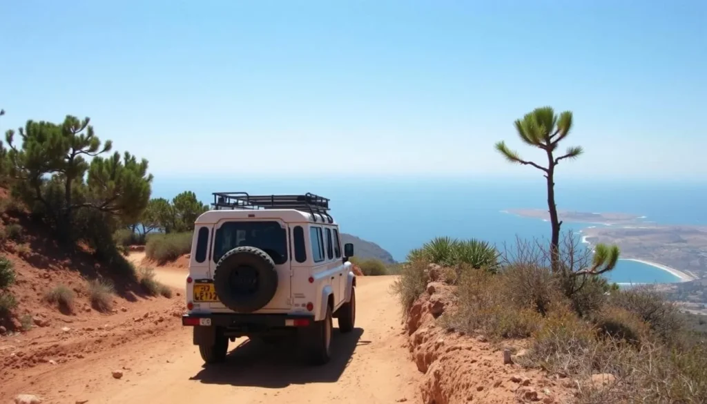4x4 vehicle on a dirt track in Al Hoceima National Park with coastal views 4x4 vehicle on a dirt track in Al Hoceima National Park with coastal views