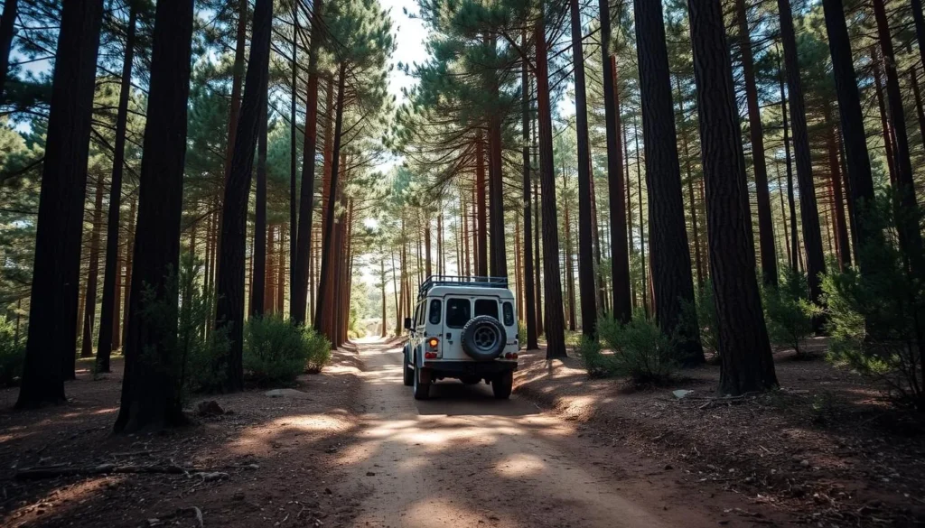 4x4 vehicle on a forest trail in Ifrane National Park, Morocco