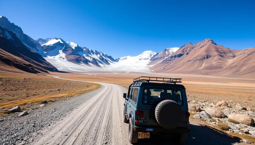 4x4 vehicle on a gravel road in Aysen with mountains in background