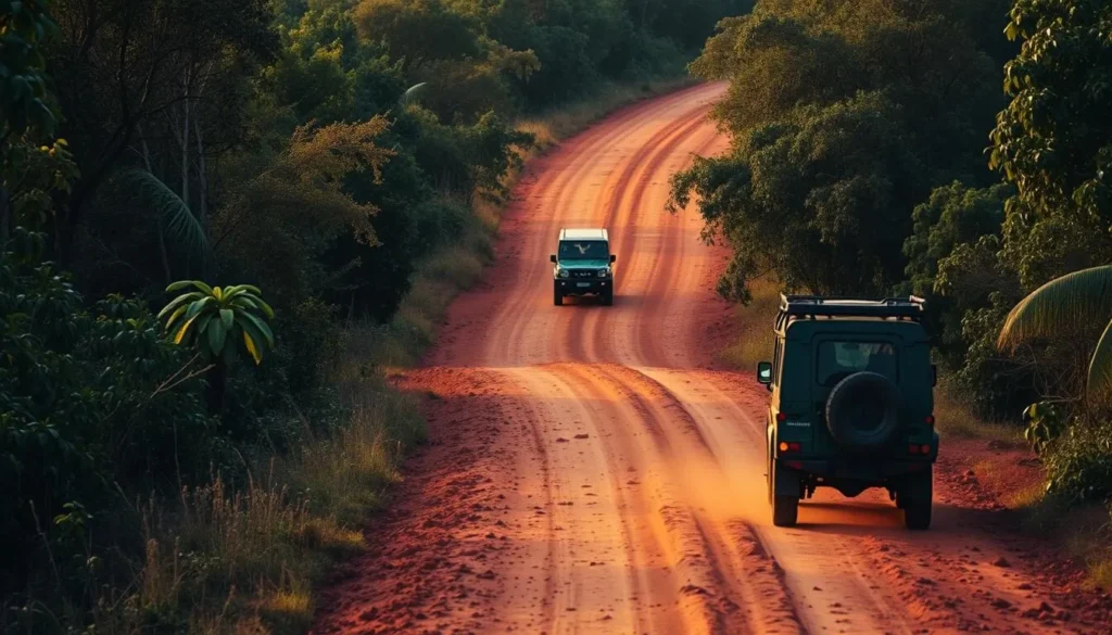 4x4 vehicle on a rugged dirt road approaching Zahamena National Park with dense forest in background