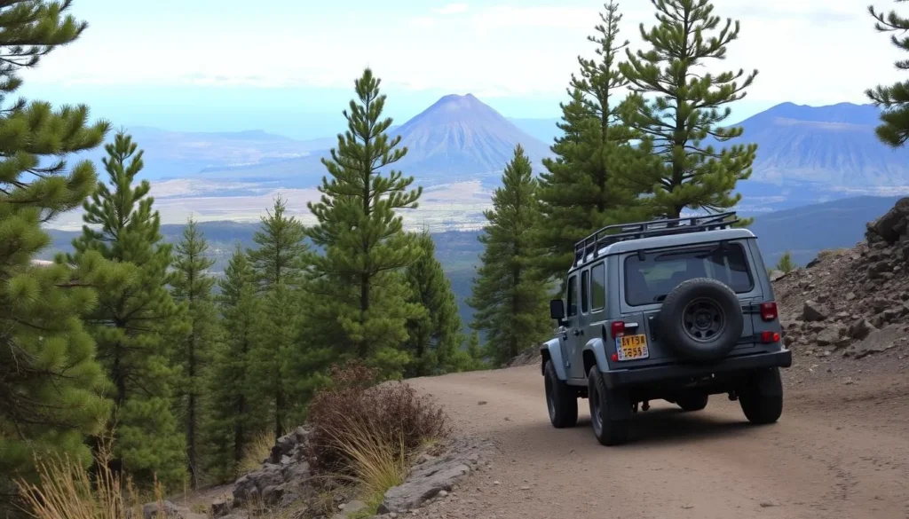 4x4 vehicle on a rugged mountain road in Cofre de Perote National Park with pine forests in background