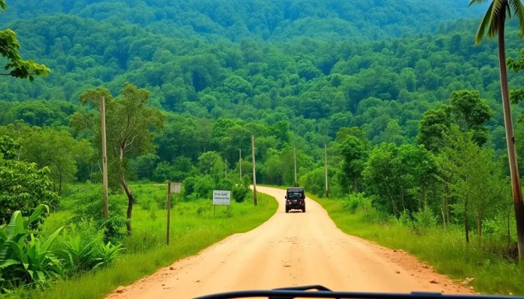 4x4 vehicle on a rural road heading toward Nong Fa Lake in Laos