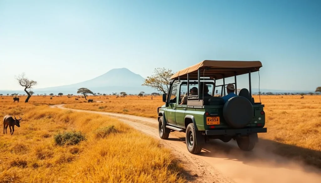 4x4 vehicle on a safari drive through Baluran National Park savanna with wildlife in view