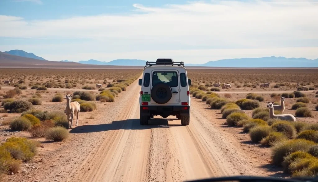 4x4 vehicle on gravel road in Peninsula Valdes Argentina with guanacos in the background