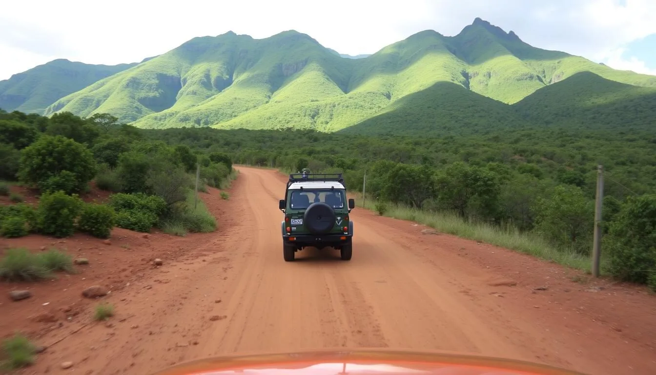 4x4 vehicle on rugged road approaching Midongy du Sud National Park with lush green mountains in background