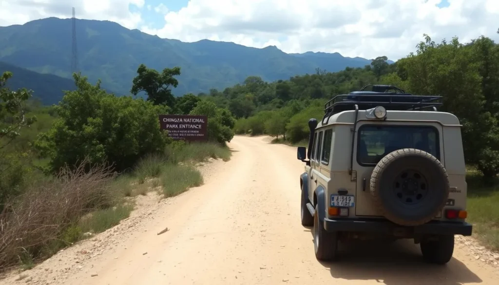 4x4 vehicle on the rugged road leading to Chingaza National Park entrance with mountains in background