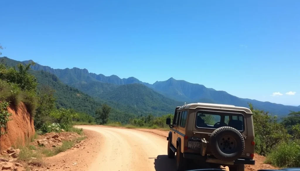 4x4 vehicle on the rugged road to Cusuco National Park, Honduras with mountain backdrop