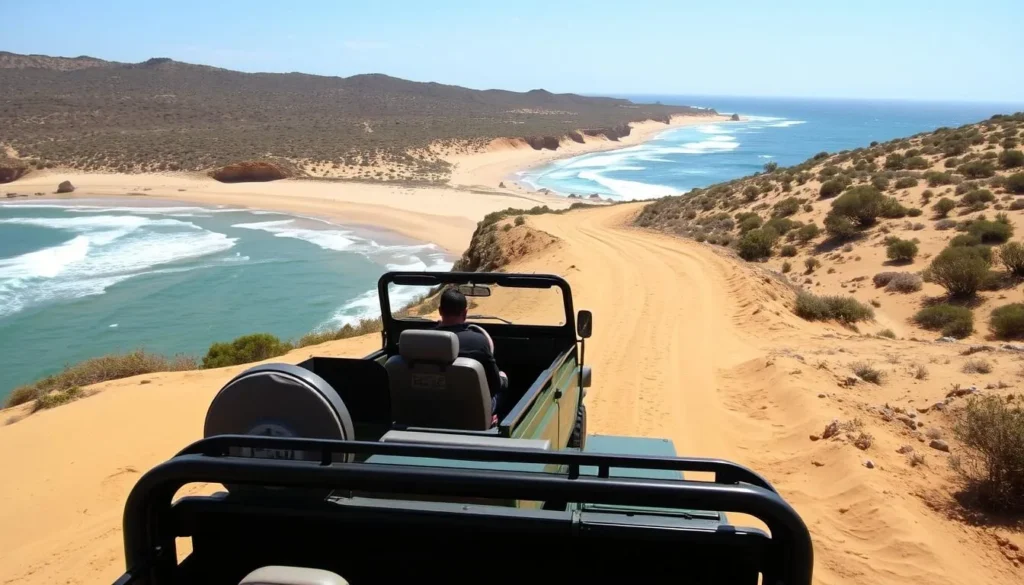 4x4 vehicle traversing the coastal track leading to Nosy Ve-Androka National Park with ocean views