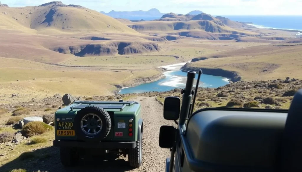 4x4 vehicle traversing the terrain of Pebble Island, Falkland Islands