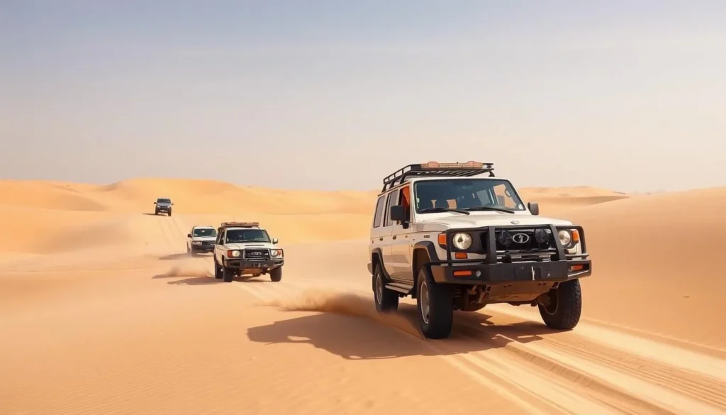 4x4 vehicles driving in convoy through the sand dunes of Khor Al Udaid, Qatar