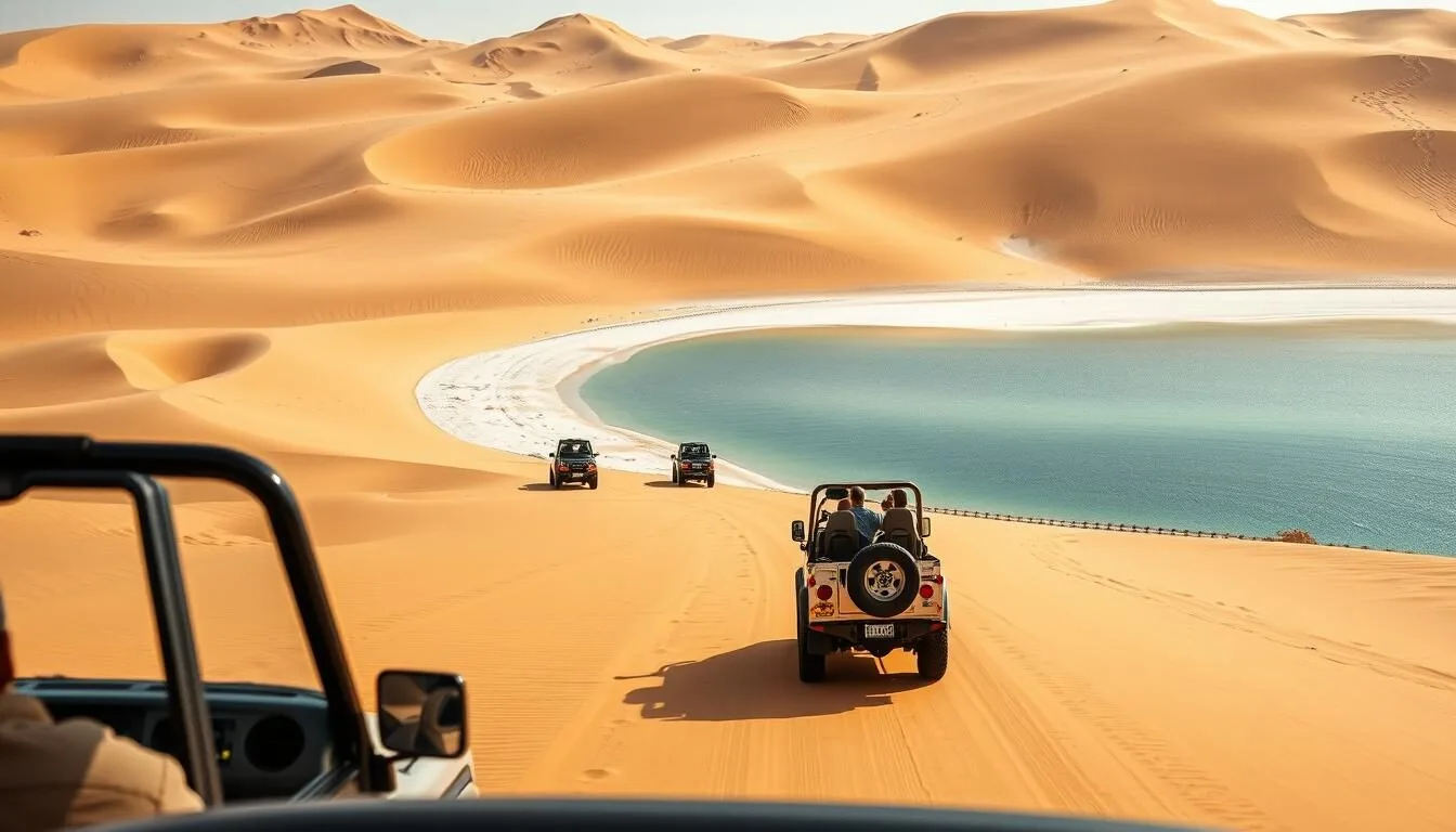 4x4 vehicles driving through sand dunes toward Khawr al Udayd, Qatar