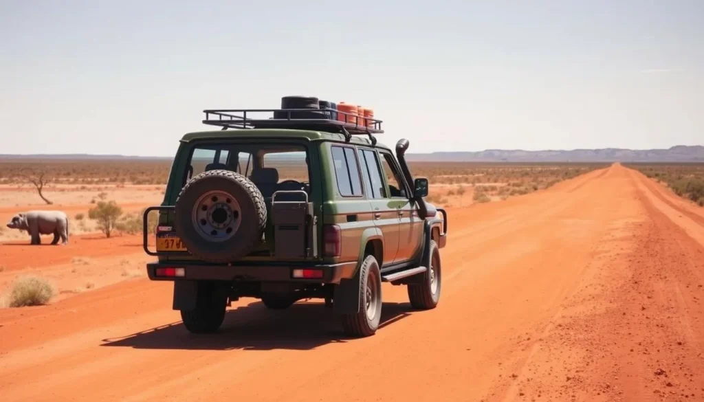 A 4WD vehicle properly equipped for outback travel on a red dirt road near Mount Isa