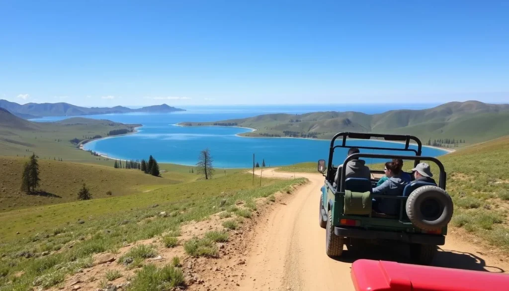 A 4x4 vehicle driving on a road through the Mongolian countryside with Lake Khubsugul visible in the distance