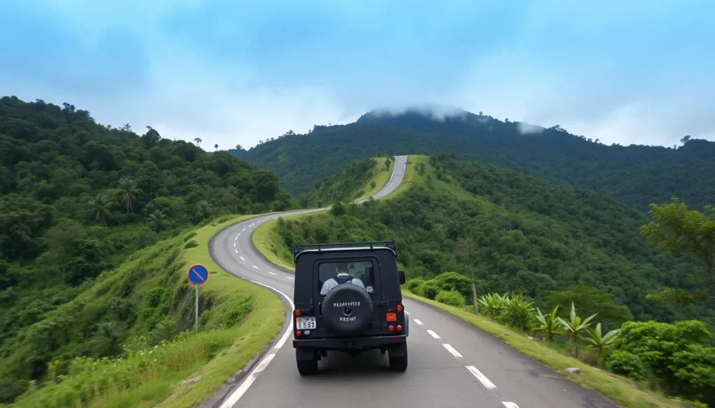 A 4x4 vehicle on the road approaching Montecristo Trifinio National Park with forest views