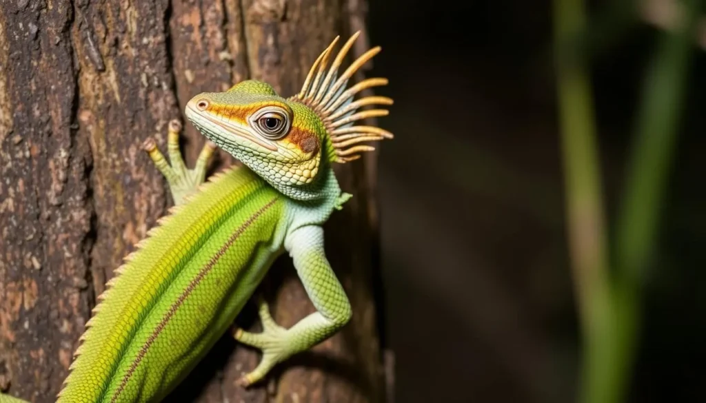 A Boyd's forest dragon lizard clinging to a tree trunk in Tully Gorge National Park