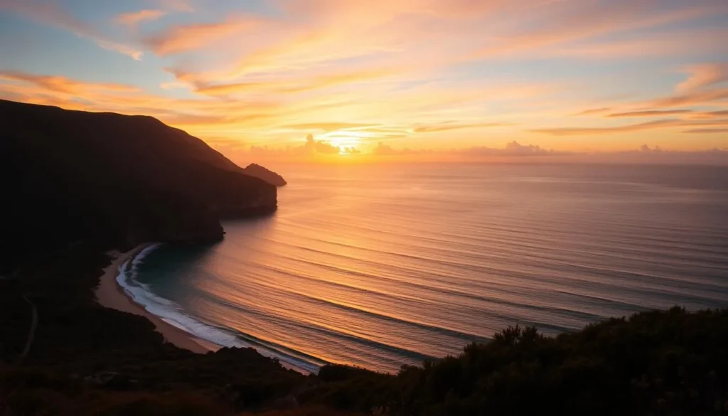 A Norfolk Island sunset over Anson Bay with dramatic cliffs and ocean views