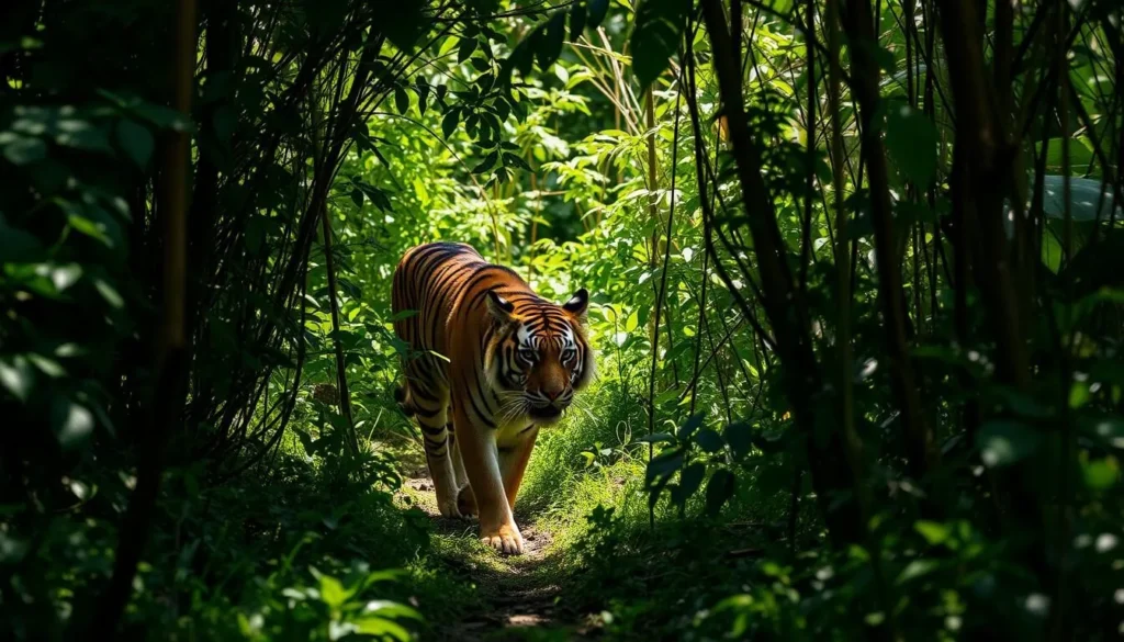 A Sumatran tiger walking through the dense undergrowth of South Bukit Barisan National Park