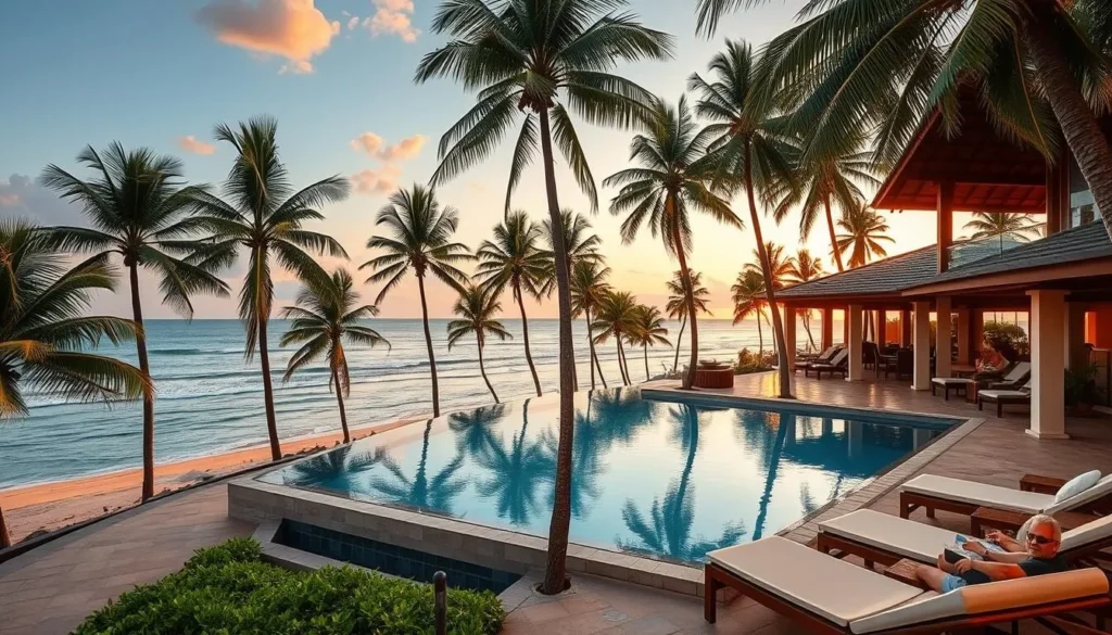 A beachfront hotel in Negombo with swimming pool, palm trees, and ocean view