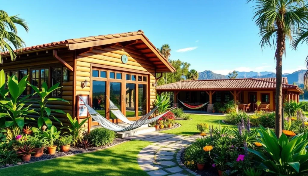 A beautiful eco-lodge in Samaipata with garden views and mountains in the background