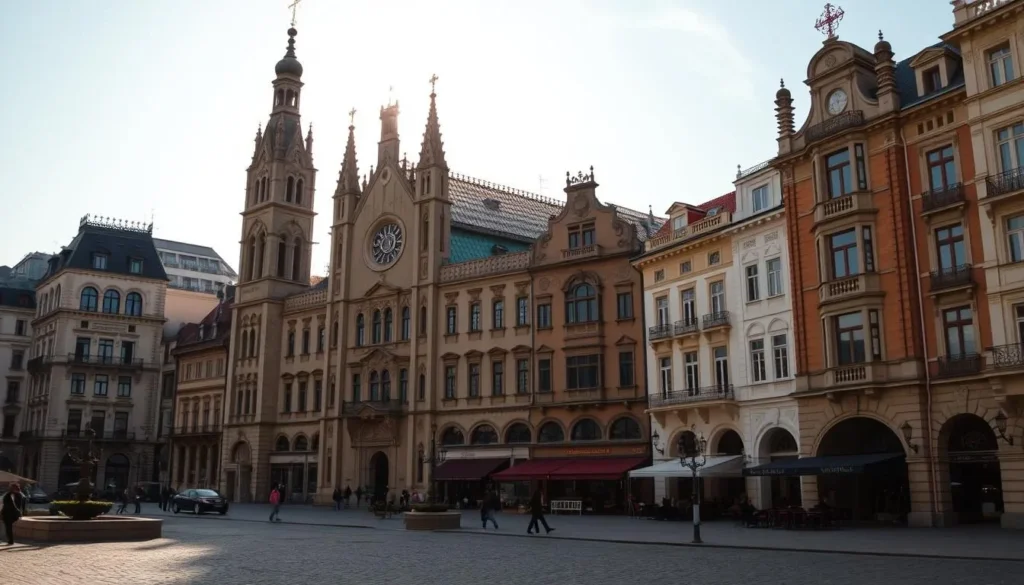 A beautiful, historic city square in the heart of Bacau, Romania. In the foreground, a grand, ornate church with towering spires and intricate stone facades, bathed in warm, golden sunlight. In the middle ground, stately neo-classical buildings with ornate details and quaint cafes lining the cobblestone streets. In the background, a mix of traditional and modern architecture, creating a harmonious blend of old and new. The scene is filled with a sense of timeless elegance and cultural heritage, inviting the viewer to explore the architectural gems and historic landmarks of this captivating city.