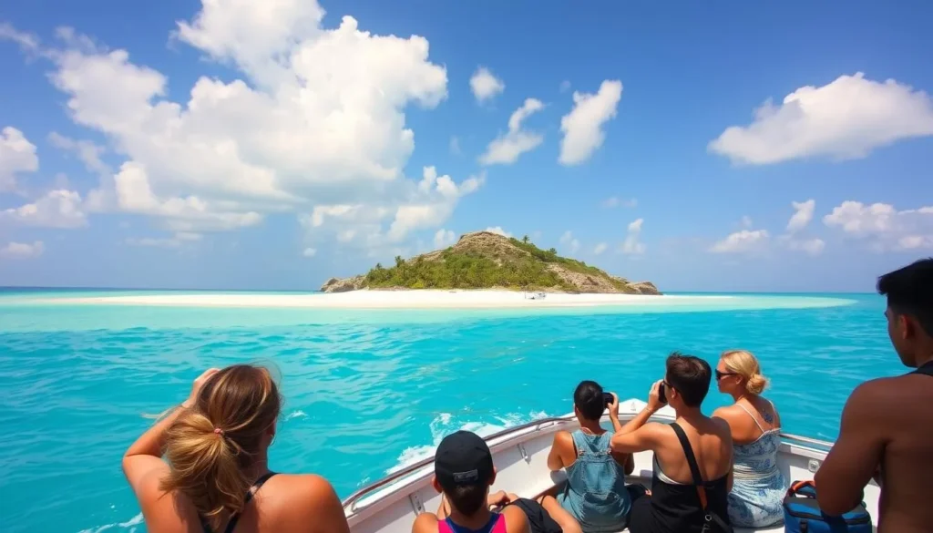 A boat approaching Isla Santa Catalina, Mexico with tourists on board ready for an island adventure A boat approaching Isla Santa Catalina, Mexico with tourists on board ready for an island adventure