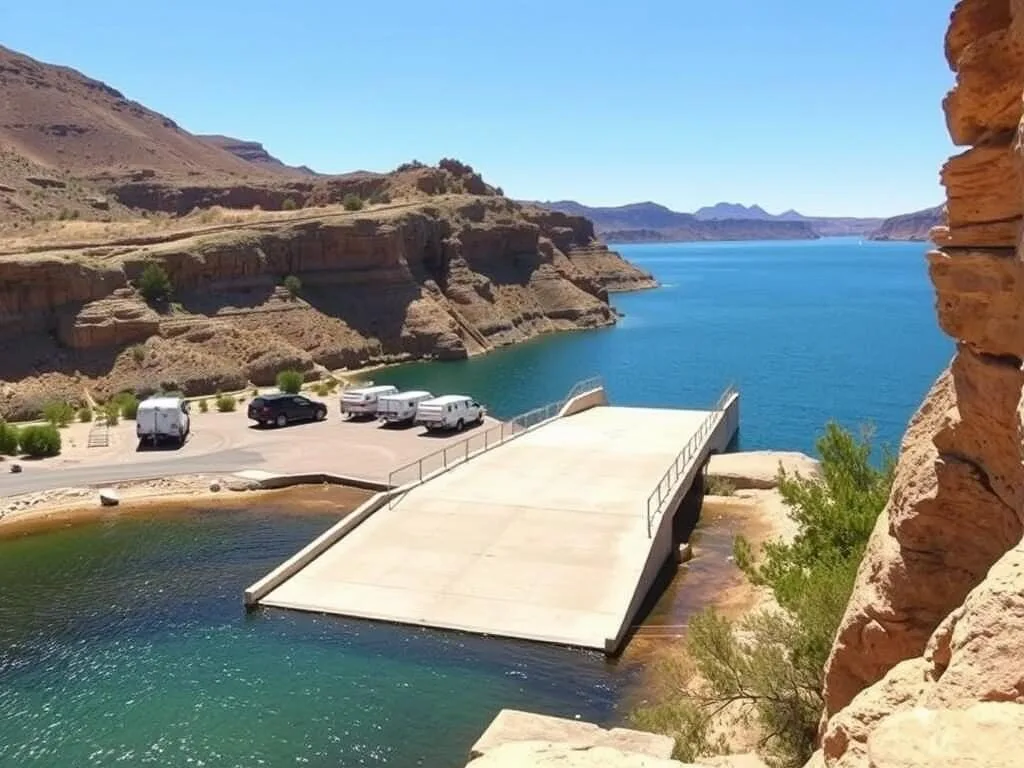 A boat ramp at Lake Meredith with several vehicles and boat trailers parked nearby