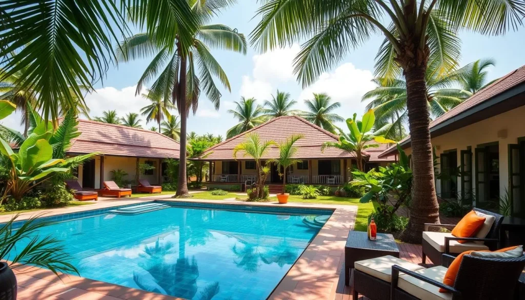 A boutique hotel in Anuradhapura with a swimming pool surrounded by tropical gardens
