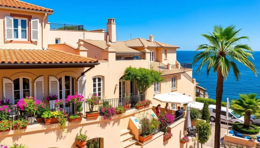A boutique hotel in Menton France with Mediterranean architecture and sea views from a terrace with flowers