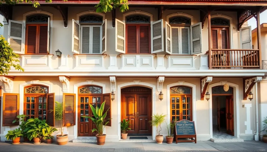 A boutique hotel in a restored French colonial building in Savannakhet, Laos with traditional architectural elements