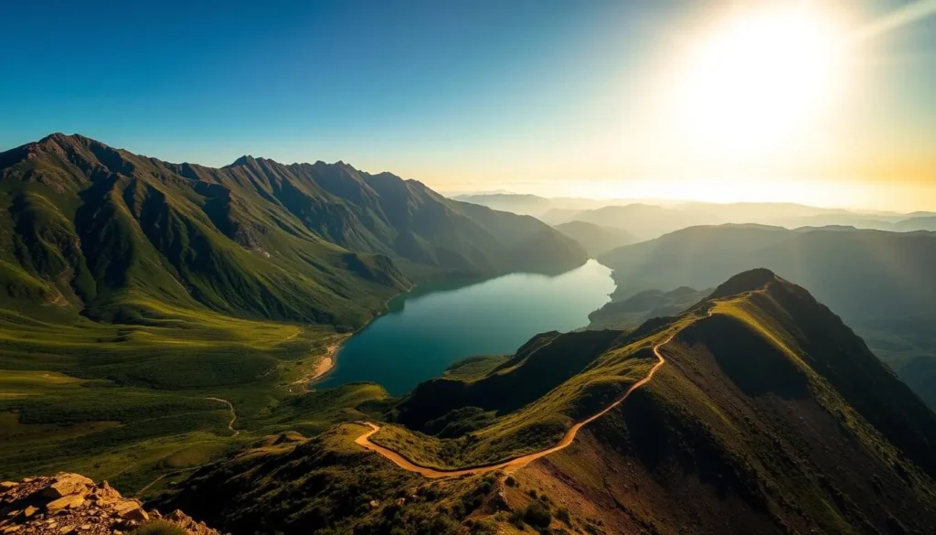 A breathtaking aerial view of the Călimani caldera, its rugged peaks rising majestically against a clear azure sky. The sun's golden rays illuminate the lush, verdant slopes, casting a warm glow over the dramatic volcanic landscape. In the foreground, a shimmering lake reflects the surrounding mountains, creating a serene and tranquil atmosphere. The middle ground features a winding hiking trail, beckoning adventurers to explore the park's natural wonders. The background showcases the caldera's distinctive horseshoe shape, a testament to its violent volcanic past. Captured with a wide-angle lens, this cinematic scene evokes a sense of wonder and a desire to immerse oneself in the untamed beauty of Călimani National Park.