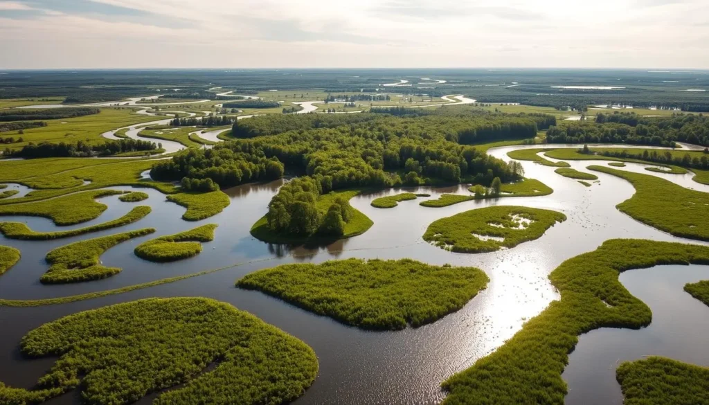A breathtaking aerial view of the Danube Delta in Romania, a serene and lush wetland landscape. The foreground showcases the intricate network of winding waterways, meandering through a tapestry of vibrant green reeds and marshes. In the middle ground, dense clusters of verdant trees and vegetation line the banks, casting gentle shadows on the shimmering water below. The background reveals the vast, open sky, with wispy clouds drifting lazily overhead, bathed in the warm, golden light of a picturesque day. Capture the tranquil and unspoiled beauty of this natural wonder, inviting the viewer to embark on an idyllic day trip from the nearby town of Galati.
